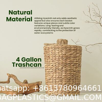Wicker Waste Basket - Water Hyacinth Bathroom Garbage Can With A Lid - Bathroom Trash Can Boho Style - Wicker Trash Can With Lid For Household, Kitchen - Removable Liner, Iron Frame