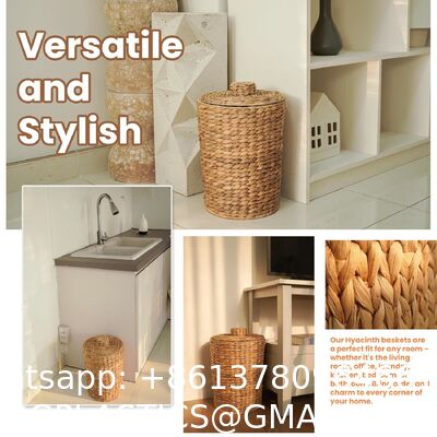 Wicker Waste Basket - Water Hyacinth Bathroom Garbage Can With A Lid - Bathroom Trash Can Boho Style - Wicker Trash Can With Lid For Household, Kitchen - Removable Liner, Iron Frame