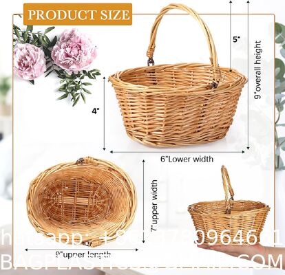 Wicker Picnic Basket With Double Leather Handles, Natural Willow Hamper For Easter Eggs Candy Wine Toy Flower Wedding Gifts