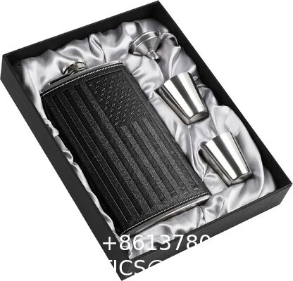 Stainless Steel Flask Set W/Funnel Shot Glasses Lovely Gift For Whiskey Rum Groomsman Best Man Usher Wedding Camping-Leather Stripe Black8oz