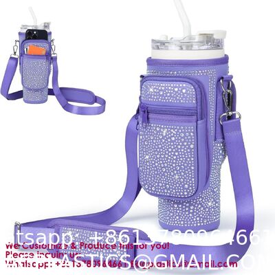 Borsa per bottiglia d'acqua con tasca per telefono per bicchiere Stanley da 40 e 30 once con manico, tazza in neoprene isolata rosa
