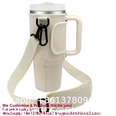 Adjustable Strap Neoprene 40oz Water Bottle Carrier Sleeve Pouch Tumbler Cup Holder Sling Bag With Phone Pocket